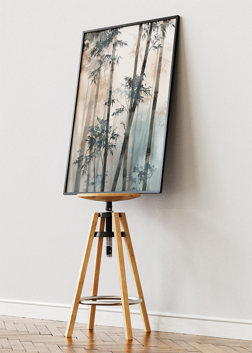 Misty Neutral Bamboo Wall Art – Soft Beige & Blue Zen Canvas Print | Minimalist Forest Portrait Poster