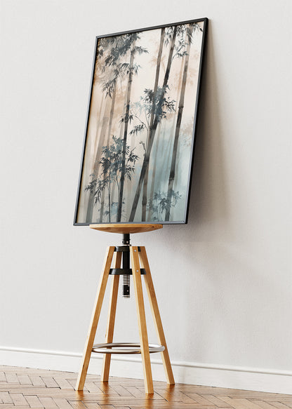 Misty Neutral Bamboo Wall Art – Soft Beige & Blue Zen Canvas Print | Minimalist Forest Portrait Poster