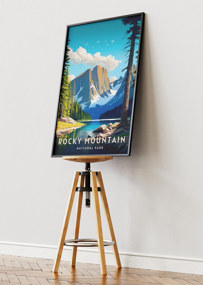 Rocky Mountain National Park Poster & Canvas Print – Illustrated Colorado Mountain Lake Wall Art