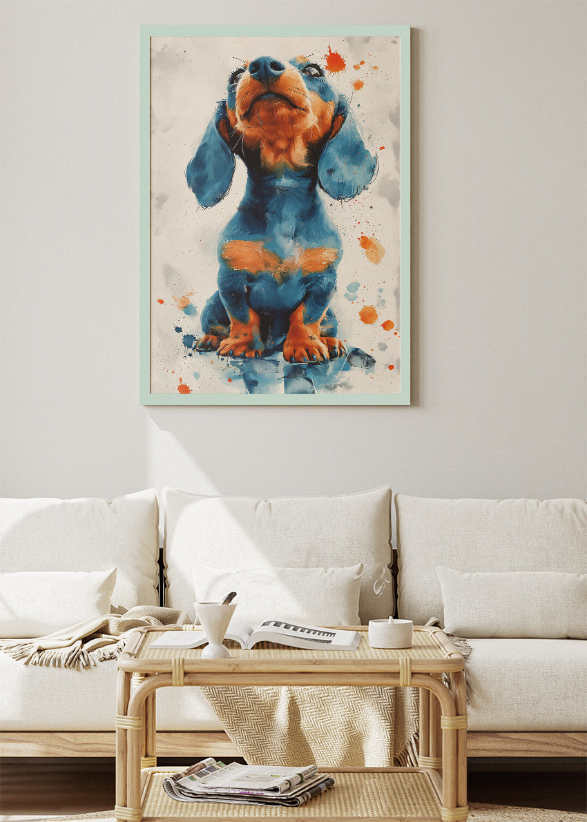 Dachshund Dog Poster & Canvas Print – Blue & Orange Splash Art Puppy Illustration
