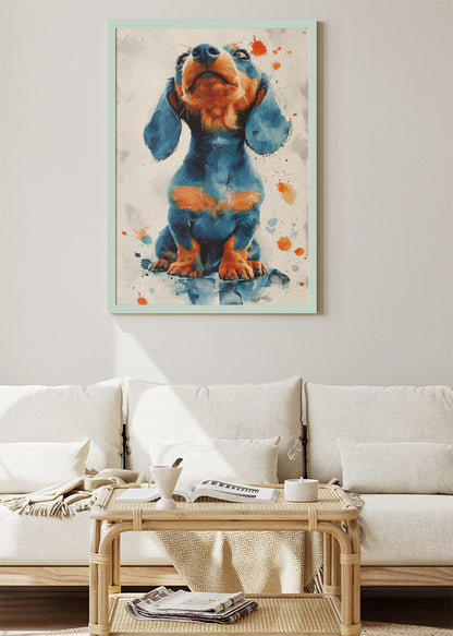Dachshund Dog Poster & Canvas Print – Blue & Orange Splash Art Puppy Illustration