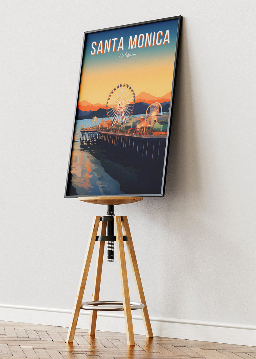 Santa Monica California Poster & Canvas Print – Sunset Pier and Ferris Wheel Illustrated Wall Art