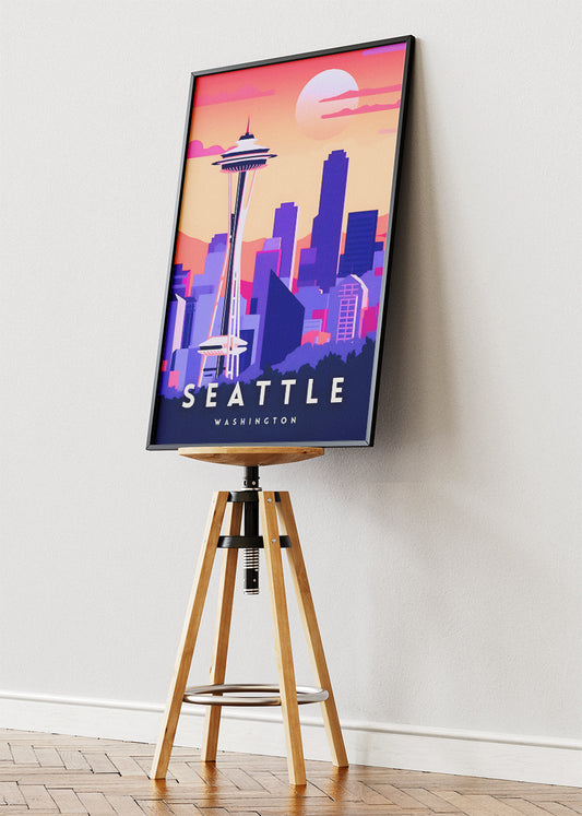 Seattle Washington Poster & Canvas Print – Space Needle Sunset Skyline Wall Art