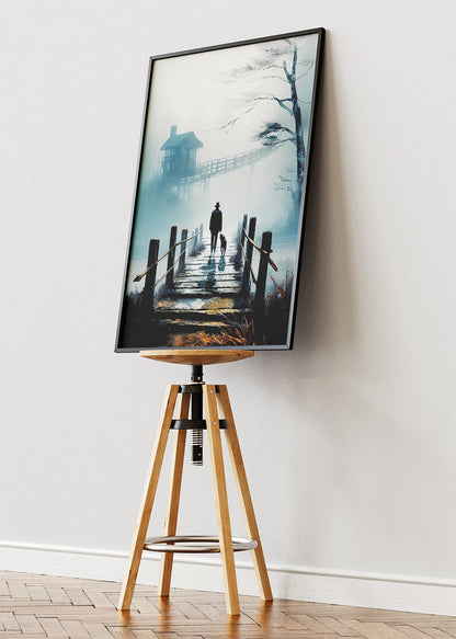 Misty Walk at Dawn – Moody Lake House Canvas & Poster Print – AI PRINT LAB