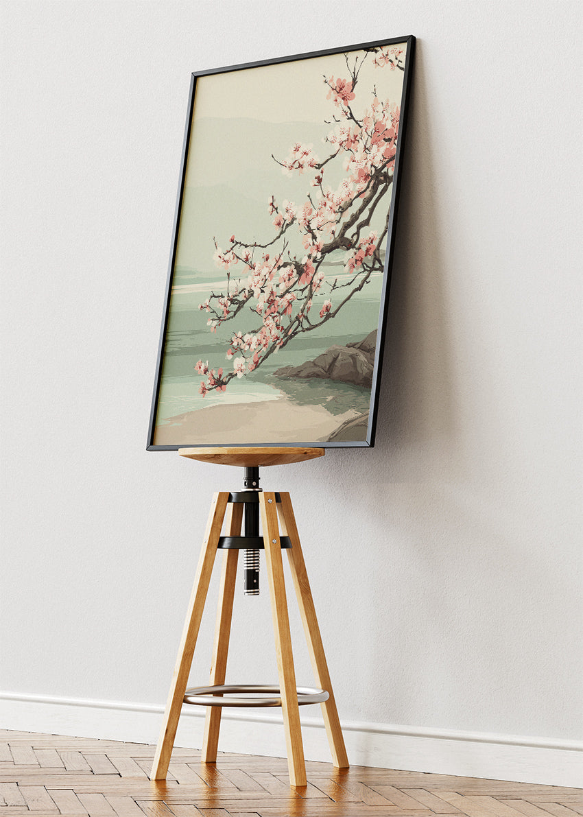 Cherry Blossom Coastal Landscape Wall Art – Soft Sage Green Japandi Canvas Print | Serene Nature Poster