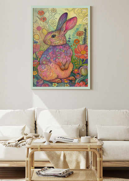 Floral Rabbit Art Poster & Canvas Print – Colourful Boho Animal Illustration