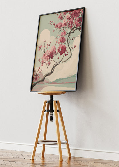 Pink Cherry Blossom Sunset Wall Art – Japandi Landscape Canvas Print | Soft Sage Nature Poster