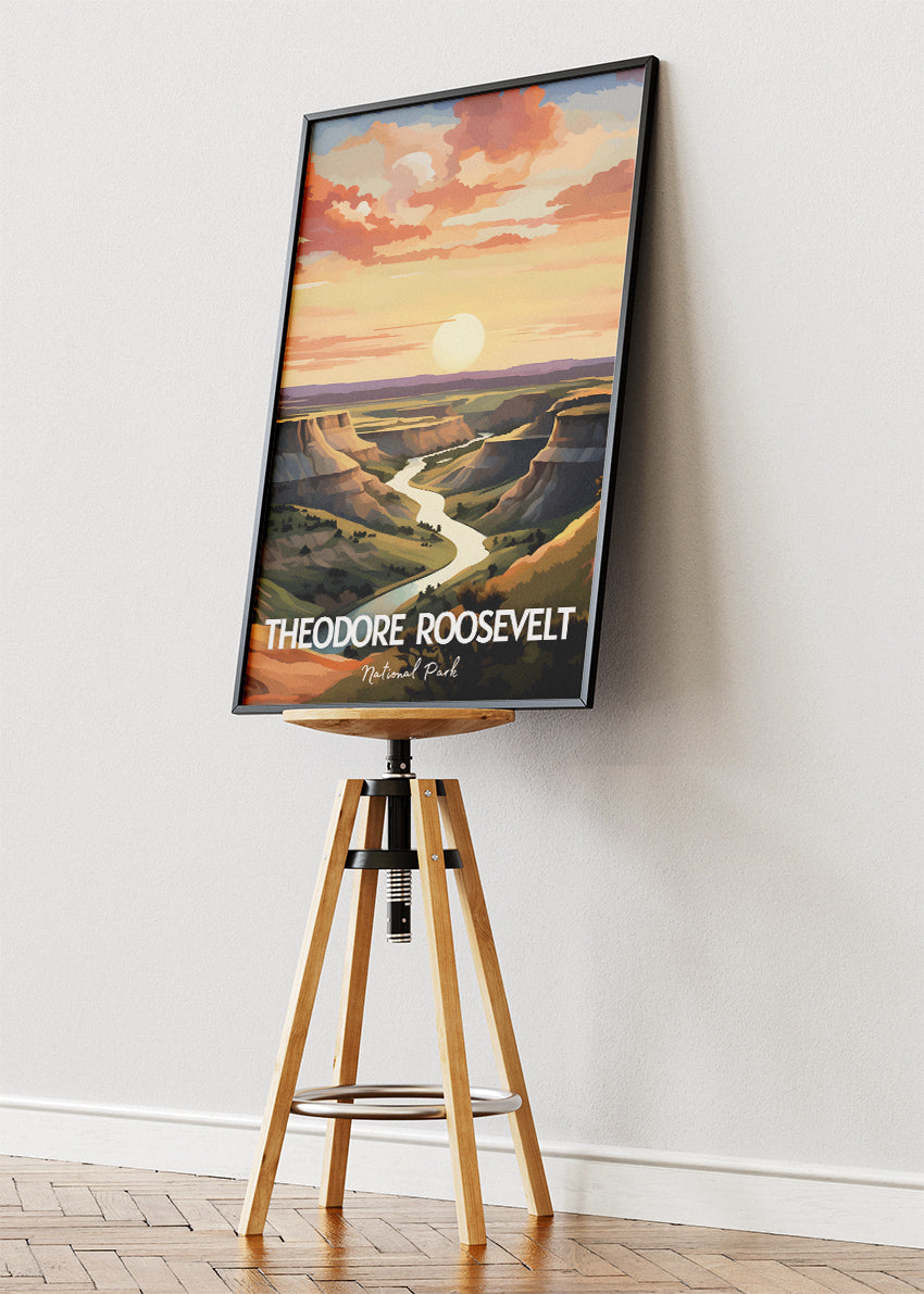 Theodore Roosevelt National Park Poster & Canvas Print – Illustrated Badlands Sunset Wall Art
