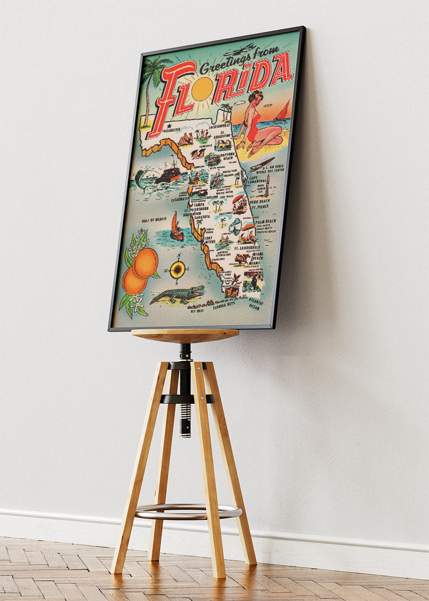 Florida Vintage Map Poster & Canvas Print – Retro Illustrated Sunshine State Wall Art