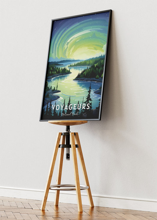 Voyageurs National Park Poster & Canvas Print – Illustrated Northern Lights Lakeview Wall Art