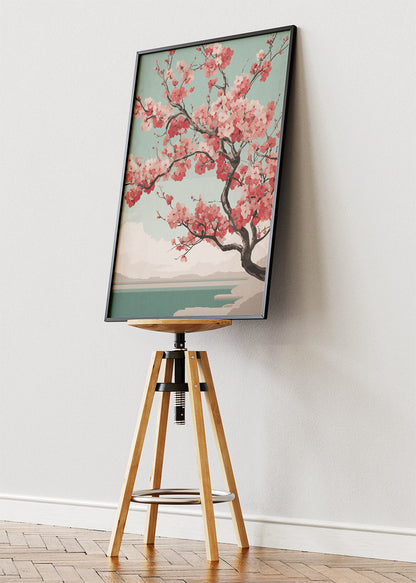 Blush Cherry Blossom Lake Wall Art – Sage Green Japandi Canvas Print | Serene Floral Landscape Poster