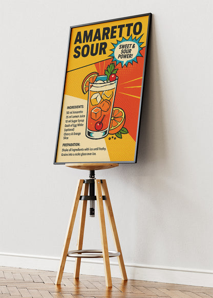 Amaretto Sour Pop Art Recipe Poster & Canvas Print | Retro Cocktail Wall Art