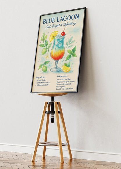 Blue Lagoon Watercolor Cocktail Poster & Canvas Print | Cool & Refreshing Bar Wall Art