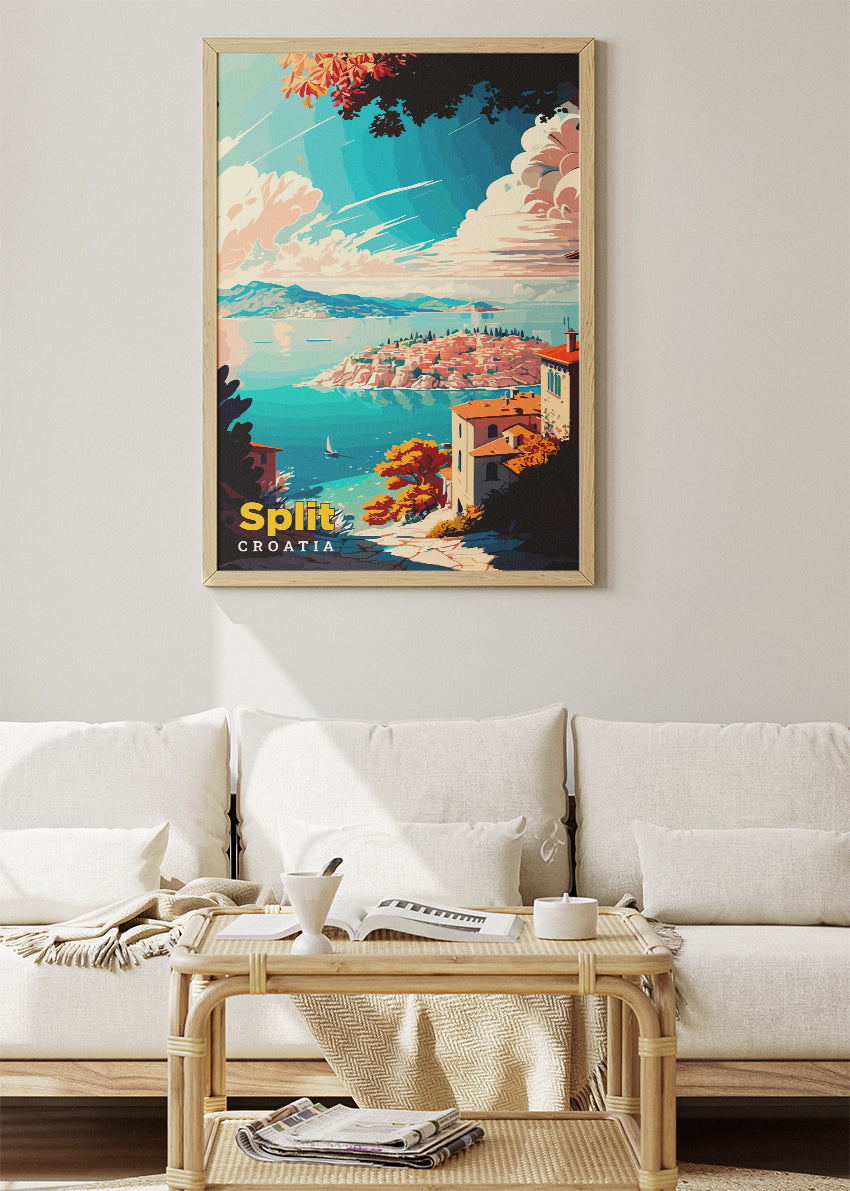 Split Croatia Travel Poster & Canvas Print – Coastal Cliff View Retro Illustration Wall Art