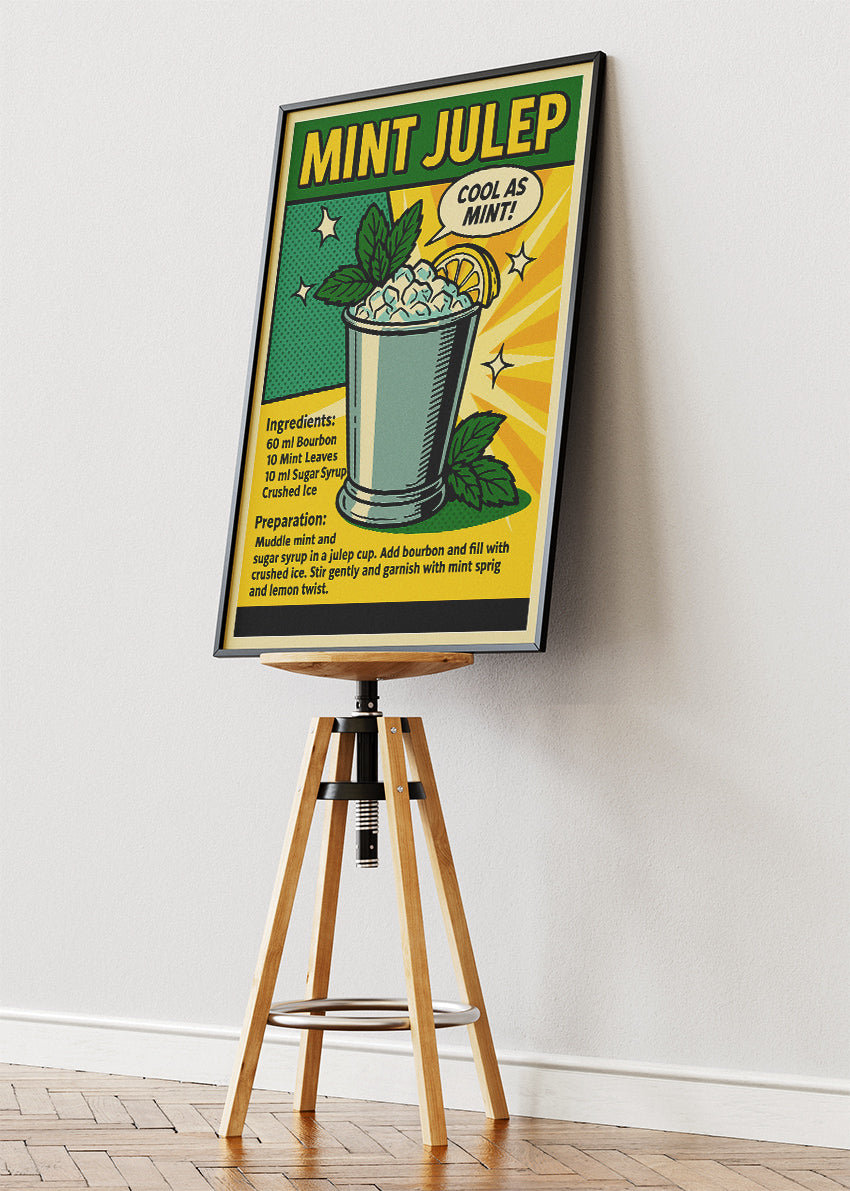 Mint Julep Pop Art Cocktail Recipe Poster & Canvas Print | Retro Comic Bar Wall Art