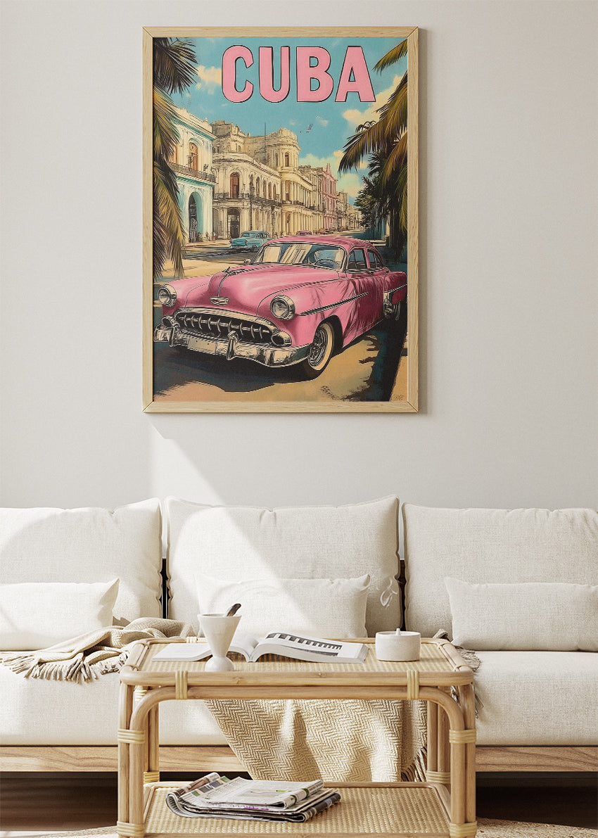 Cuba Havana Pink Classic Car Poster & Canvas Print – Vintage Retro Street Art