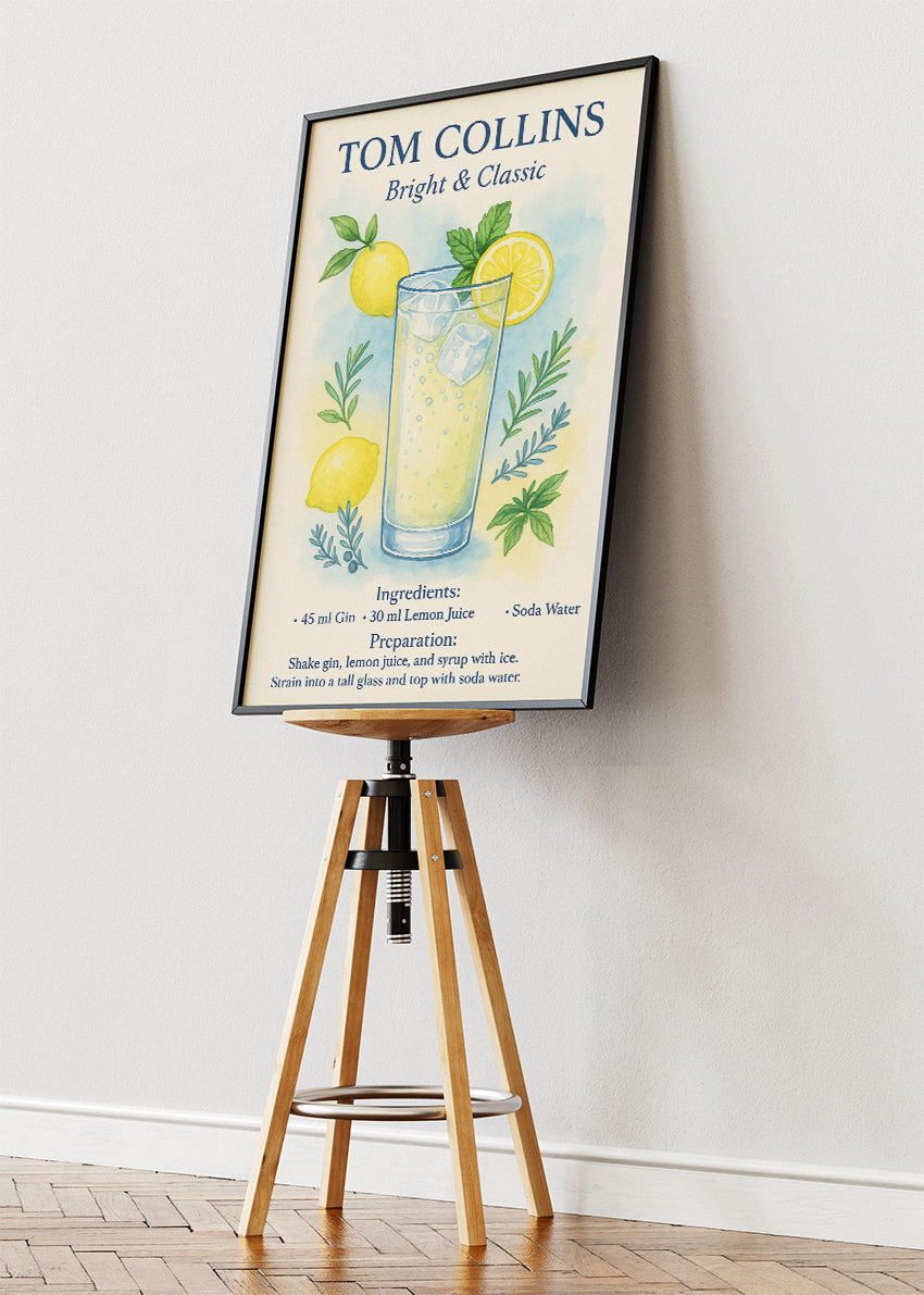 Tom Collins Bright & Classic Cocktail Poster & Canvas Print – Watercolor Gin Drink Wall Art – AI PRINT LAB