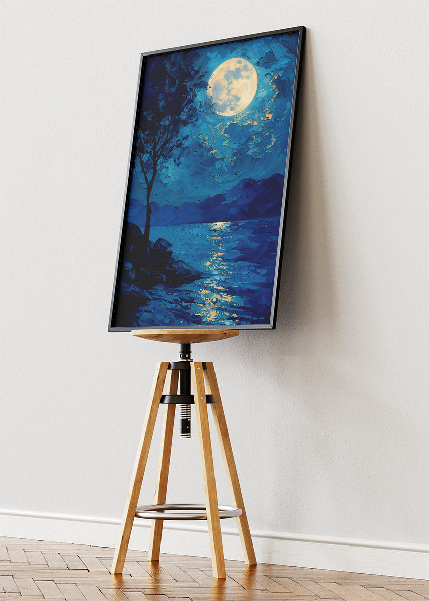 Moonlit Lake Reflection – Blue Night Landscape Wall Art Poster & Canvas – AI PRINT LAB