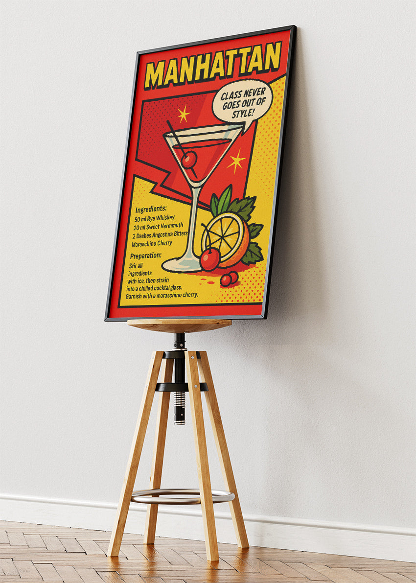 Manhattan Pop Art Cocktail Recipe Poster & Canvas Print | Retro Comic Bar Wall Art