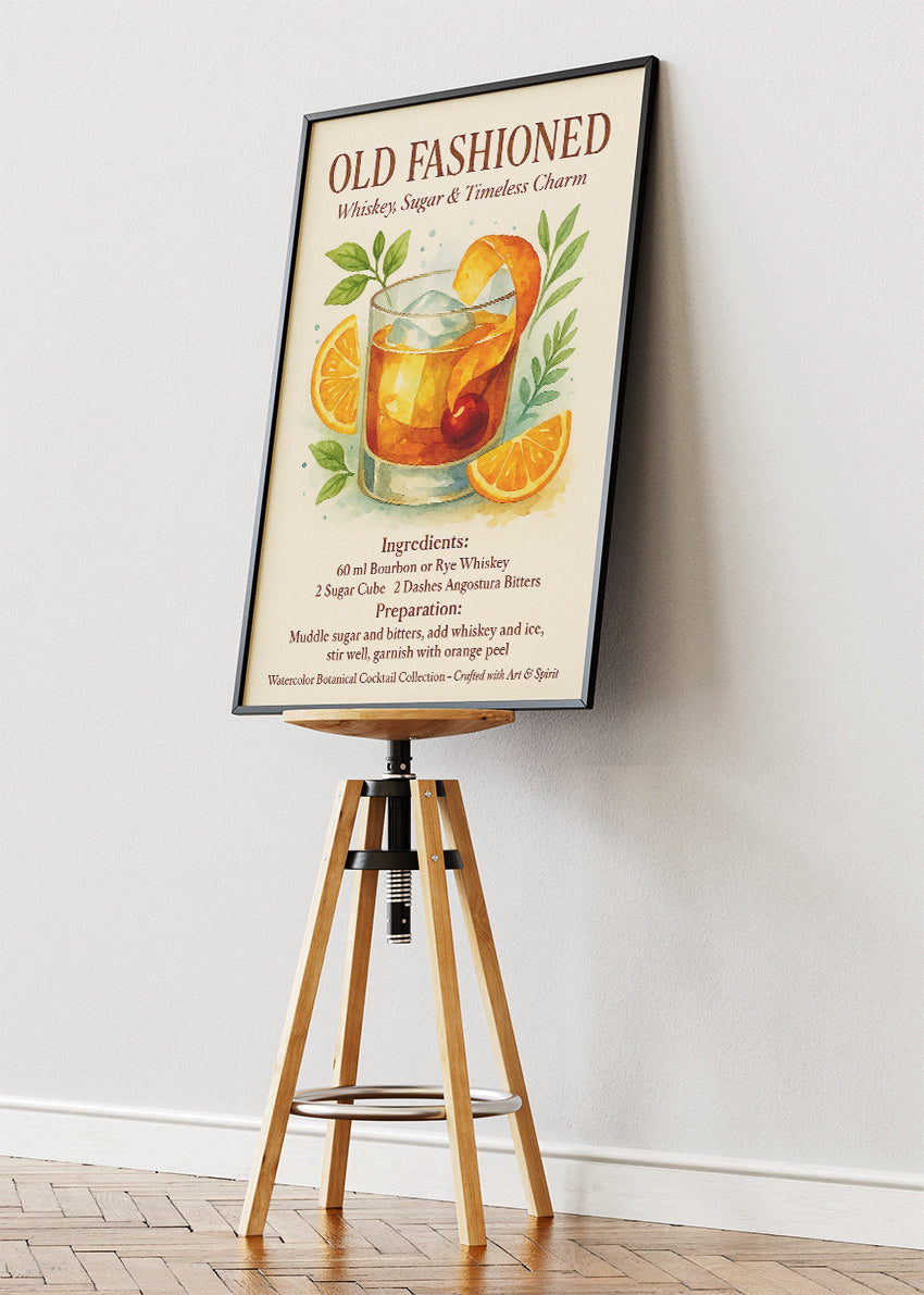 Old Fashioned Watercolor Cocktail Poster & Canvas Print | Botanical Whiskey Wall Art