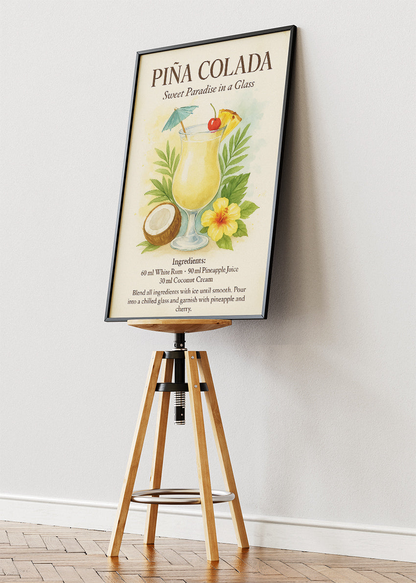 Piña Colada Watercolor Cocktail Poster & Canvas Print | Tropical Botanical Bar Wall Art