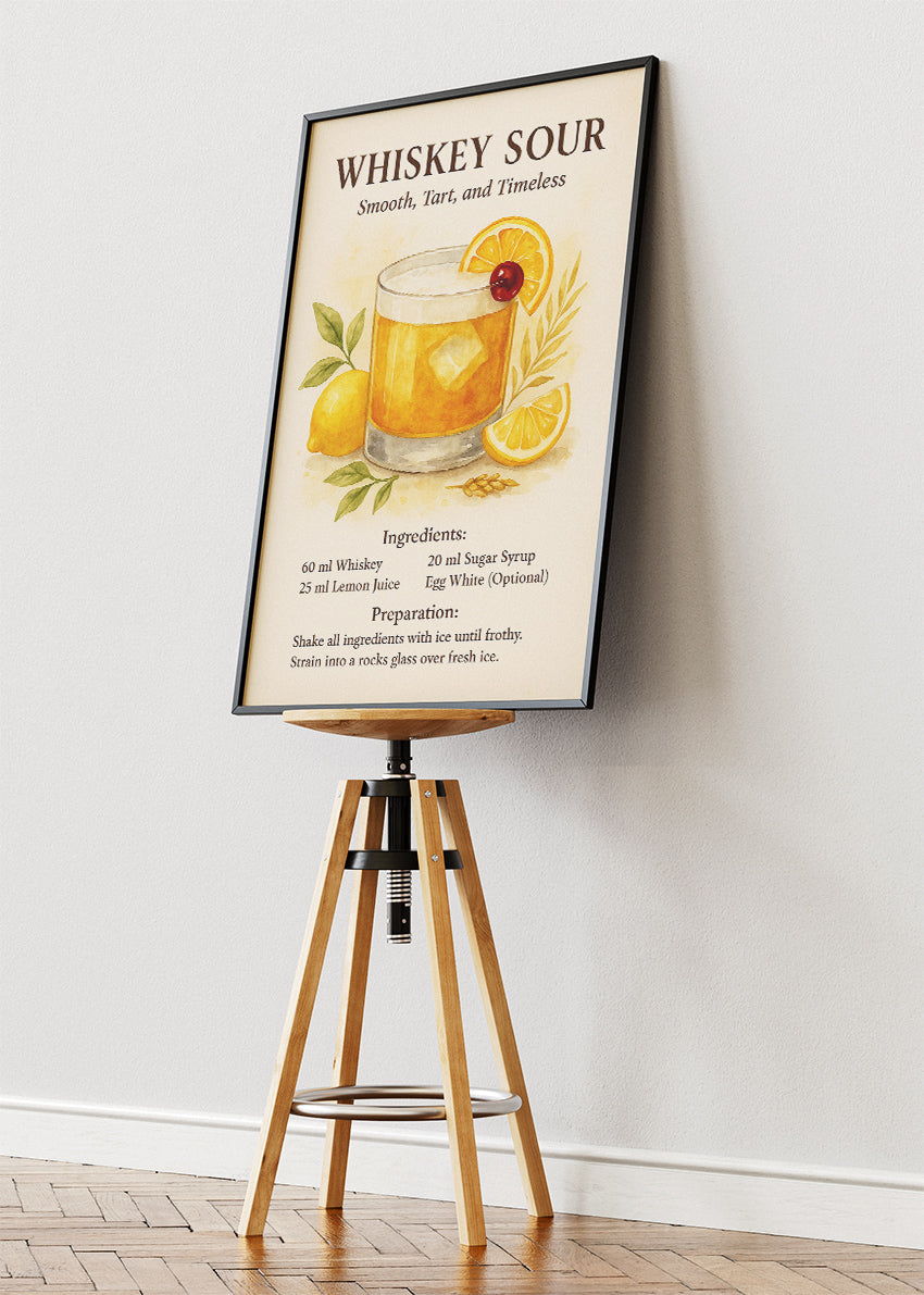 Whiskey Sour Watercolor Cocktail Poster & Canvas Print | Classic Recipe Bar Wall Art