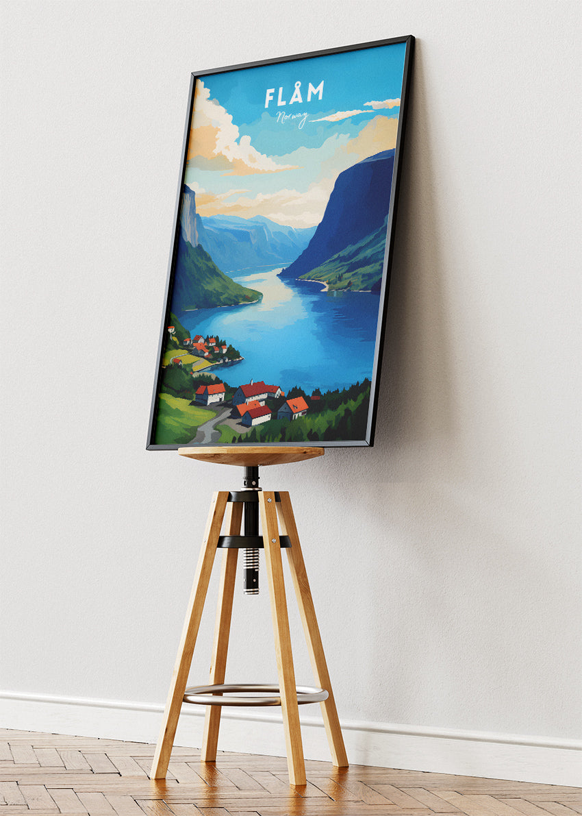 Flåm Norway Poster & Canvas Print – Modern Illustrated Nordic Fjord Landscape Art