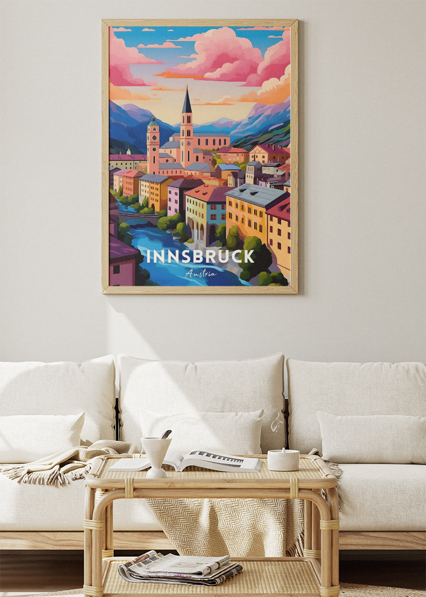 Innsbruck Austria Travel Poster & Canvas Wall Art – Colourful Alpine City Illustration