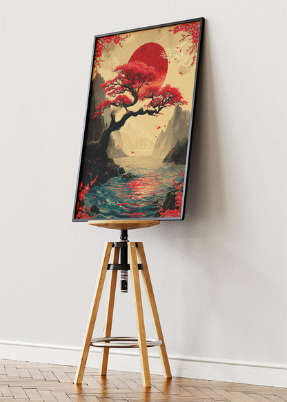 Crimson Sunset Bonsai Wall Art – Japanese Inspired Red Sun Canvas Print | Dramatic Oriental Landscape Poster