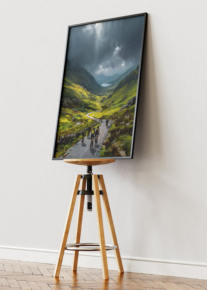 Mountain Valley Cycling Poster & Canvas Art Print – Peloton Riding Through Dramatic Green Highlands