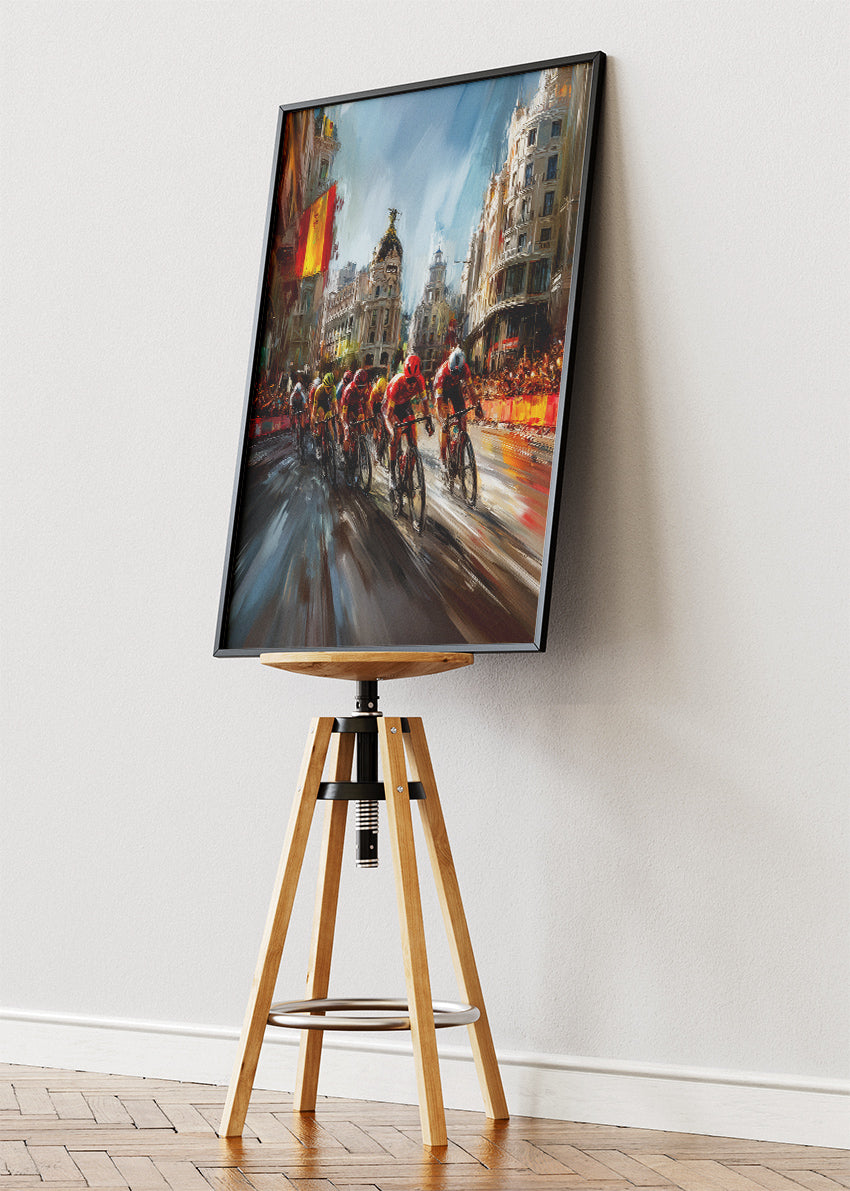 City Peloton Cycling Poster & Canvas Art Print – High-Speed Road Race Through Historic European City