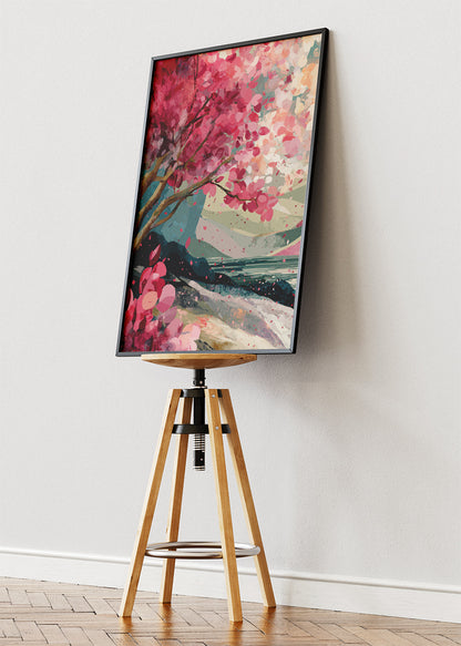 Vibrant Cherry Blossom Coast Wall Art – Pink Floral Landscape Canvas Print | Modern Japandi Poster