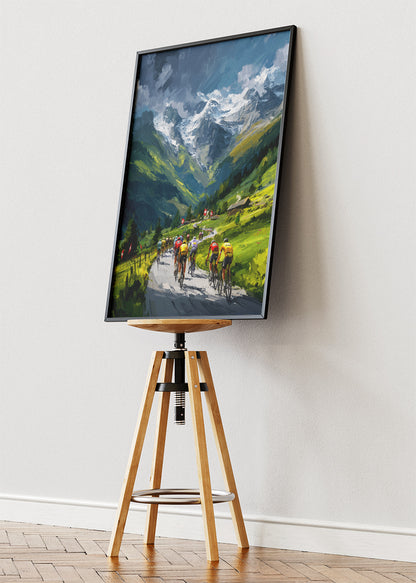 Alpine Valley Cycling Poster & Canvas Art Print – Mountain Peloton with Snow-Capped Peaks