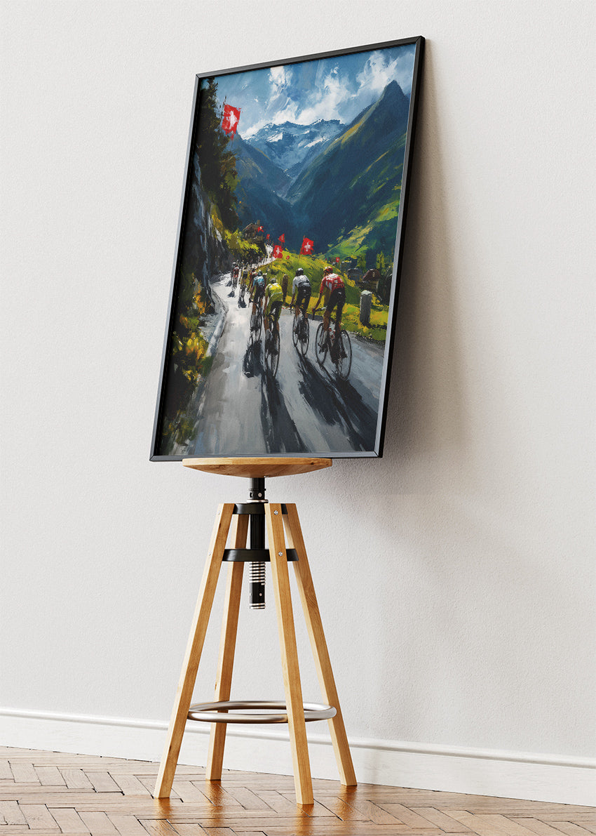 Swiss Mountain Cycling Poster & Canvas Art Print – Alpine Climb with Peloton
