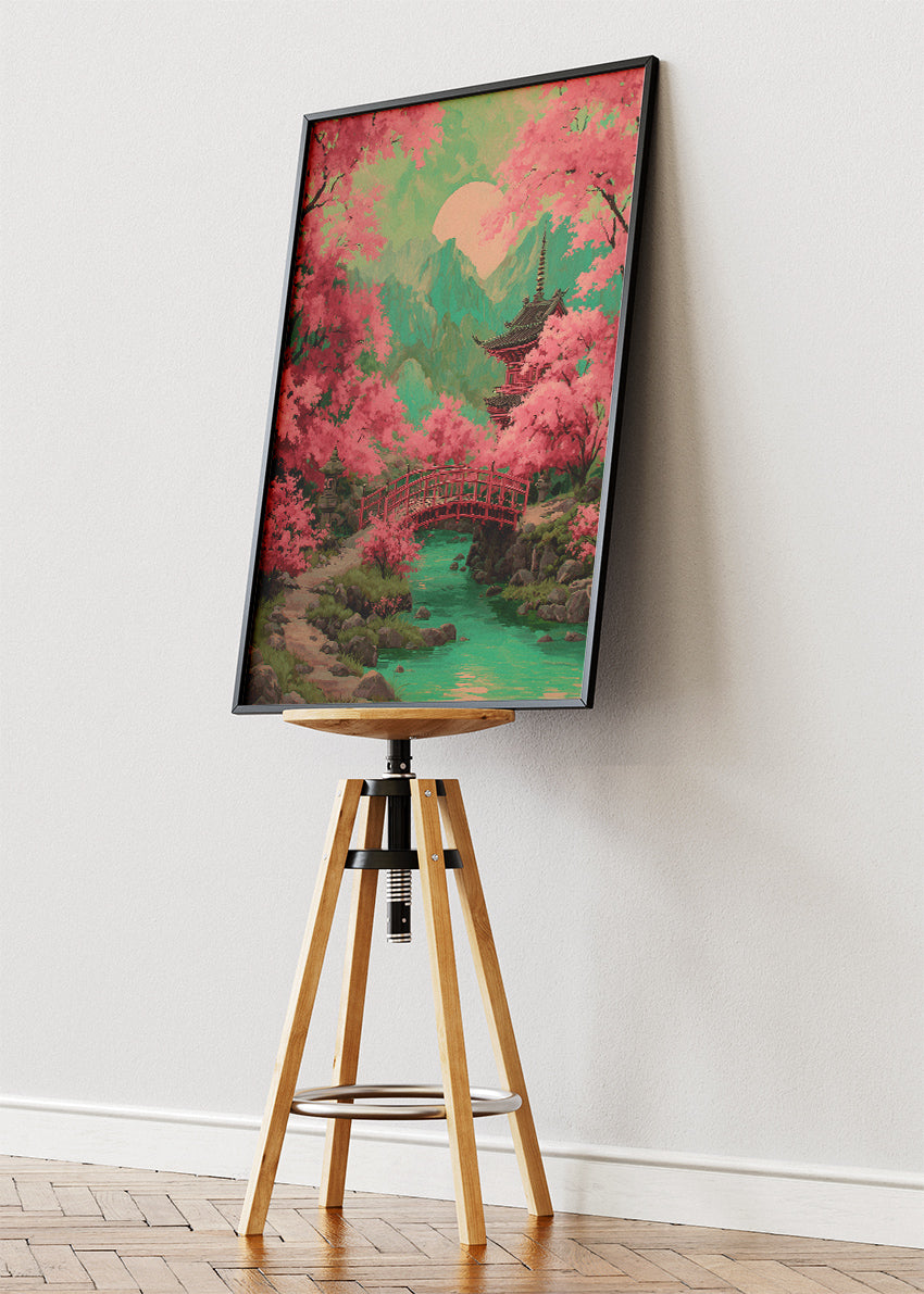 Japanese Cherry Blossom Bridge & Pagoda Landscape Canvas & Poster Print – AI PRINT LAB