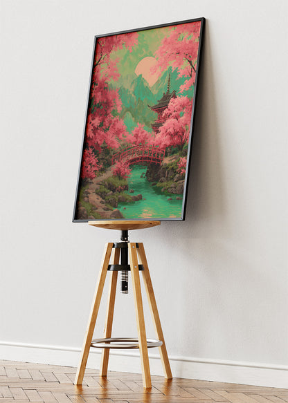 Japanese Cherry Blossom Bridge & Pagoda Landscape Canvas & Poster Print – AI PRINT LAB