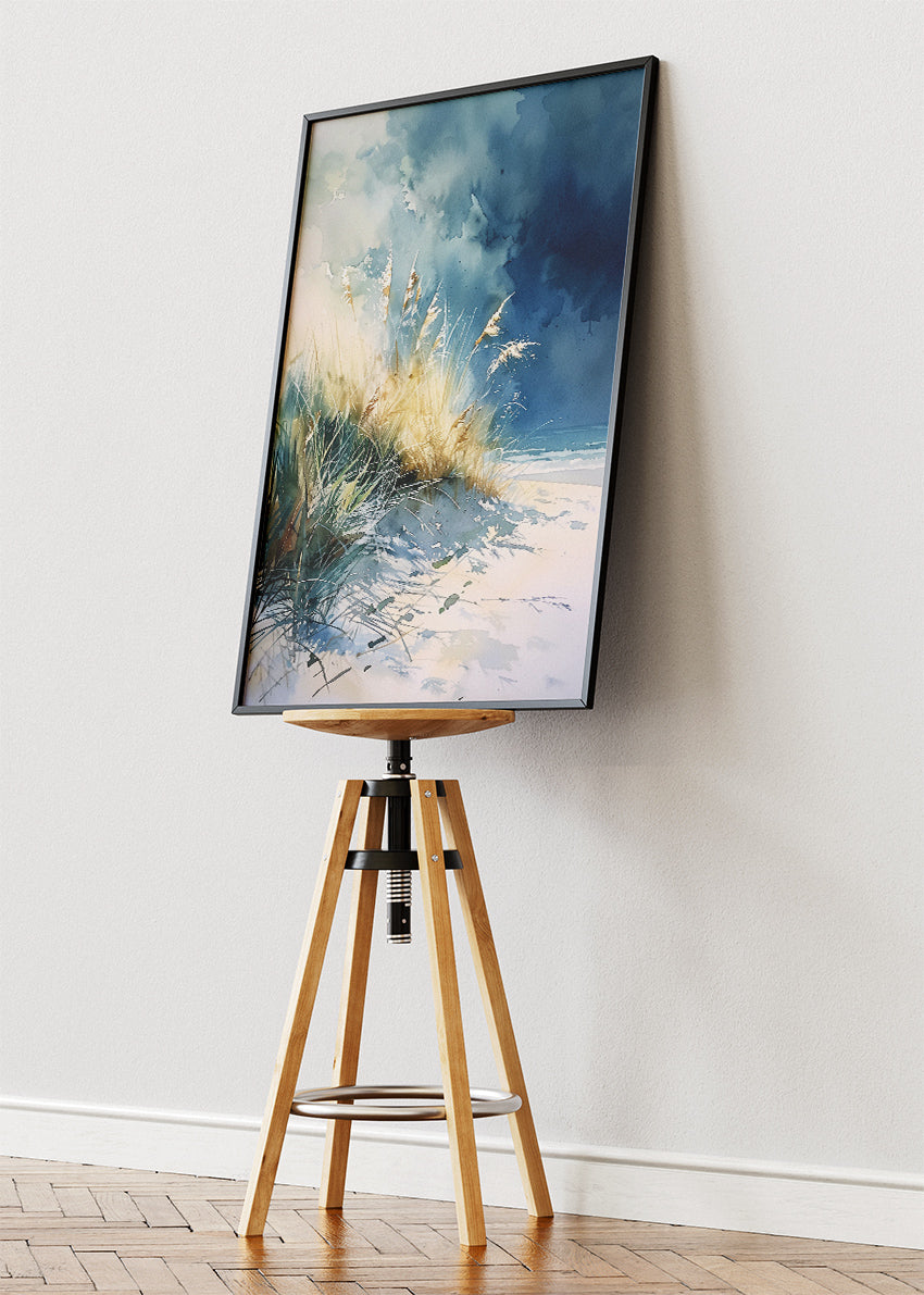Coastal Dunes with Golden Grass – Soft Blue Seaside Watercolor Wall Art Poster & Canvas – AI PRINT LAB