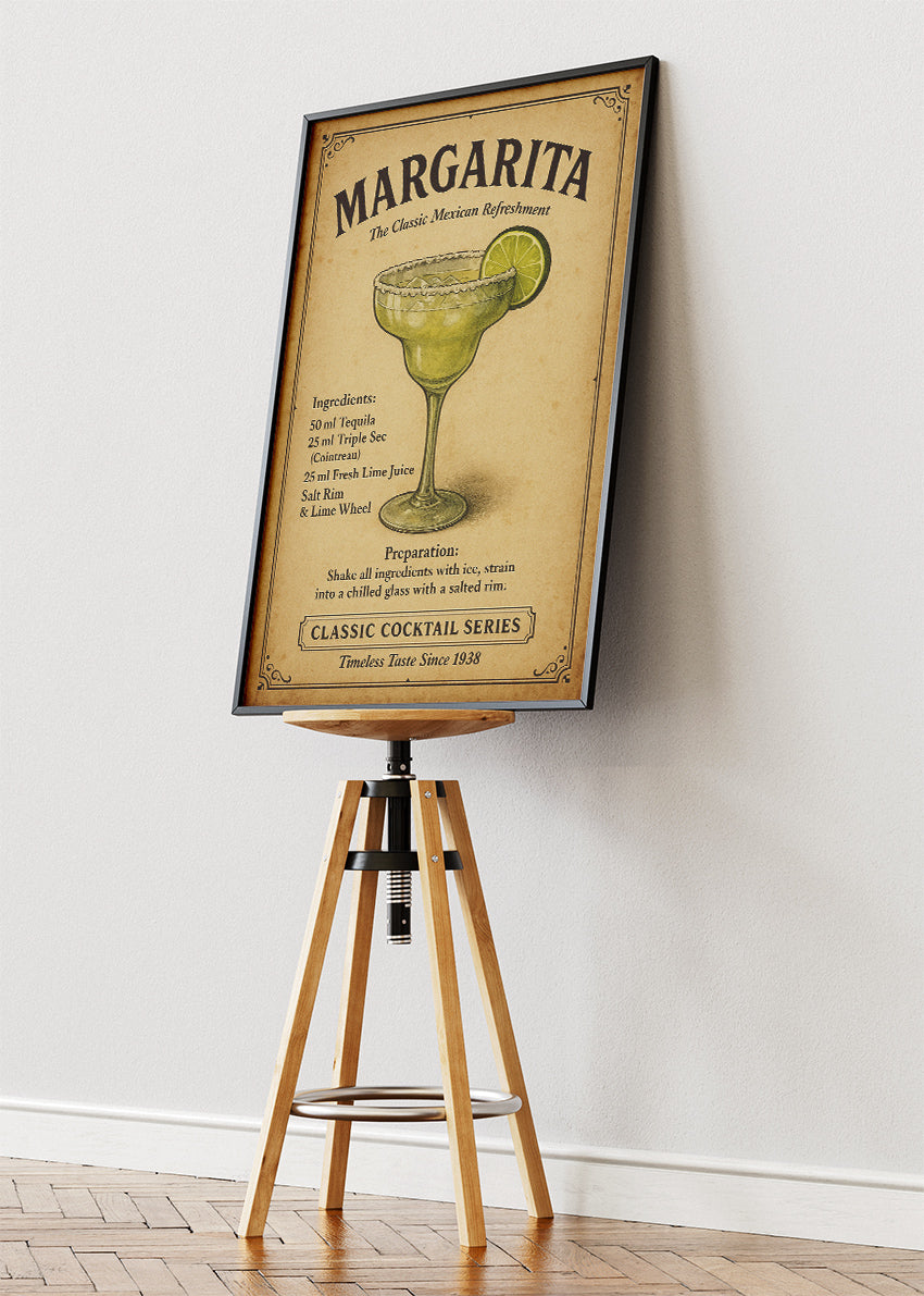 Margarita Classic Cocktail Recipe Poster & Canvas Print | Vintage Mexican Bar Wall Art