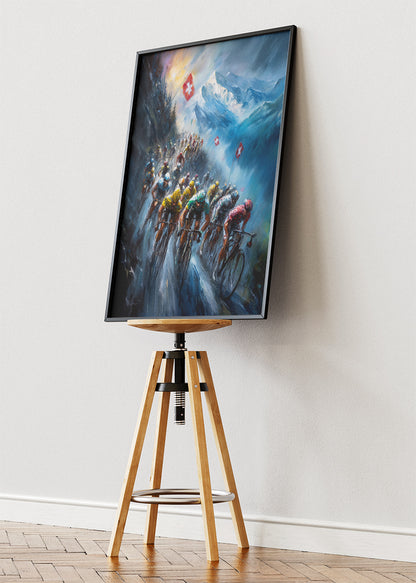 Epic Alpine Cycling Poster & Canvas Art Print – Peloton Climbing Swiss Mountain Pass