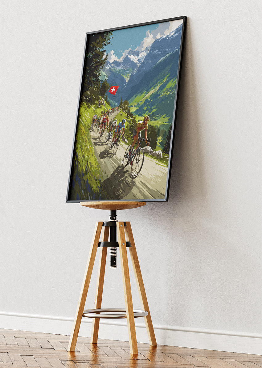 Swiss Alpine Cycling Poster & Canvas Art Print – Peloton Climbing Mountain Road