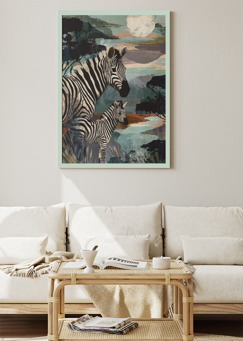 Zebra Family Poster & Canvas Print – Modern Safari Wildlife Art