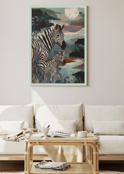 Zebra Family Poster & Canvas Print – Modern Safari Wildlife Art
