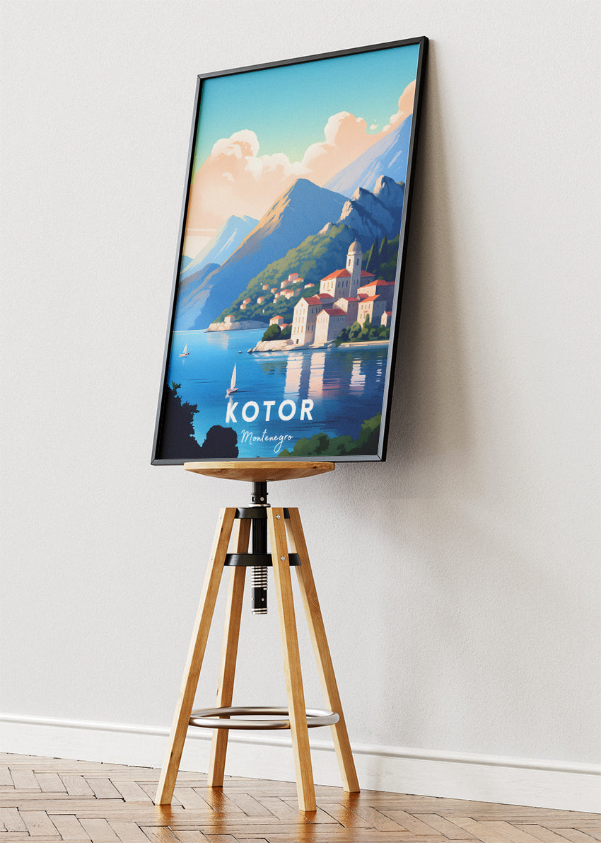 Kotor Montenegro Poster & Canvas Print – Illustrated Bay & Old Town Coastal Art