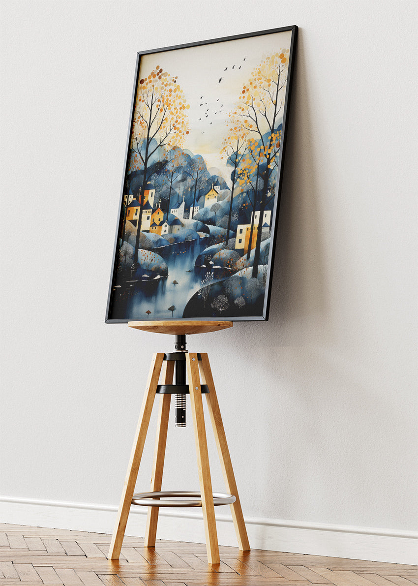 Autumn Riverside Village – Scandinavian Landscape Canvas & Poster Print – AI PRINT LAB