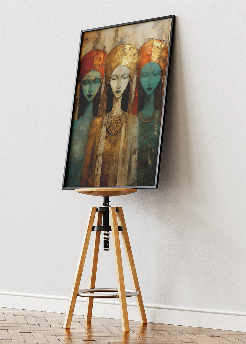 Abstract Tribal Women Wall Art – Bohemian Gold Portrait Canvas Print & Modern Ethnic Statement Poster for Living Room Decor UK