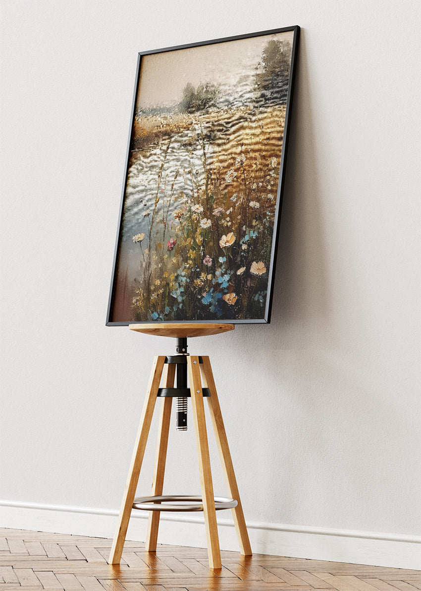 Golden Meadow River – Rustic Countryside Landscape Canvas & Poster Print – AI PRINT LAB