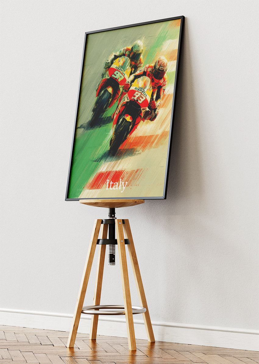 Italy Motorcycle Racing Duel Motion Wall Art Poster & Canvas