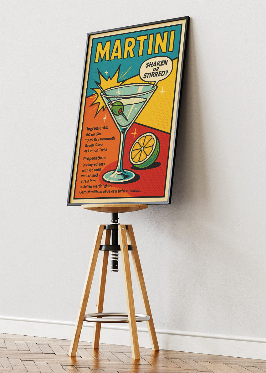 Martini Recipe Pop Art Poster & Canvas Print – Retro Shaken or Stirred Cocktail Wall Art