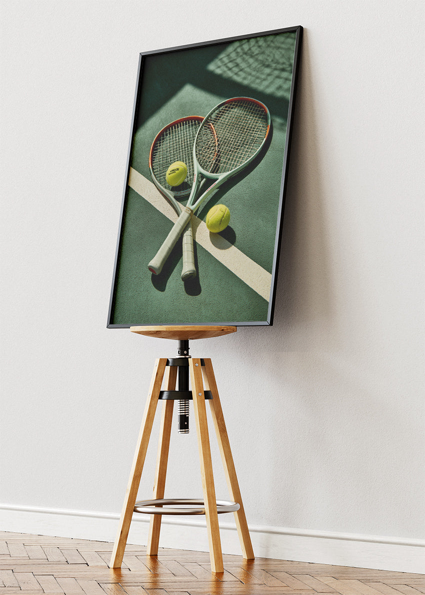 Tennis Rackets on Court Wall Art Poster & Canvas Print – Modern Sports Decor