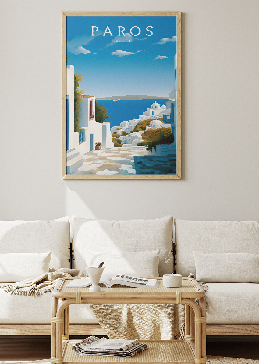 Paros Greece Coastal Village Poster & Canvas Print – Blue & White Greek Island Art
